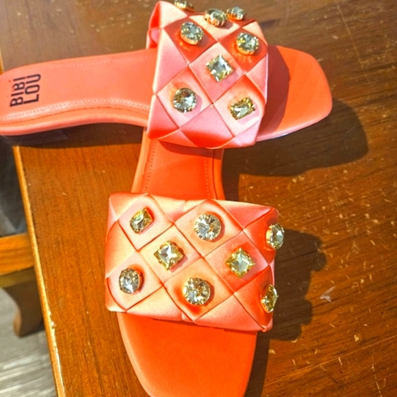BIBI LOU x Anthropologie satin woven embellished Square toe Orange Sandals - Picture 15 of 16